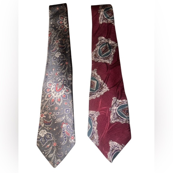 Oscar de la Renta Couture 100% Silk Red Grey Navy Green Paisley Abstract Tie Set - Picture 11 of 12